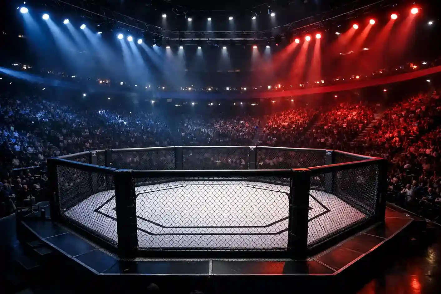 Oktagon UFC z oświetleniem i kibicami