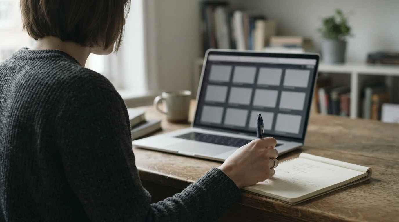 Osoba porównuje dziewięć anonimowych ofert na ekranie laptopa