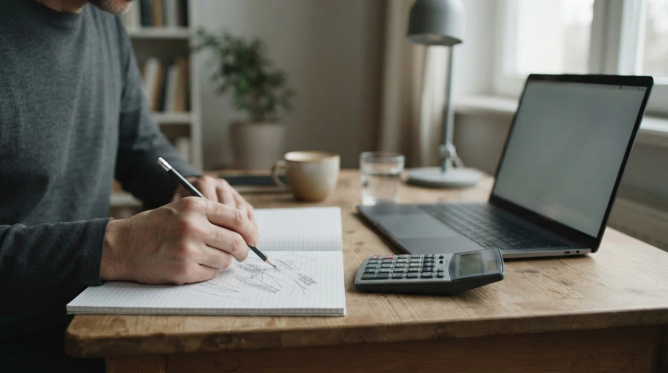 Obliczenia w notesie w kratkę obok kalkulatora i laptopa