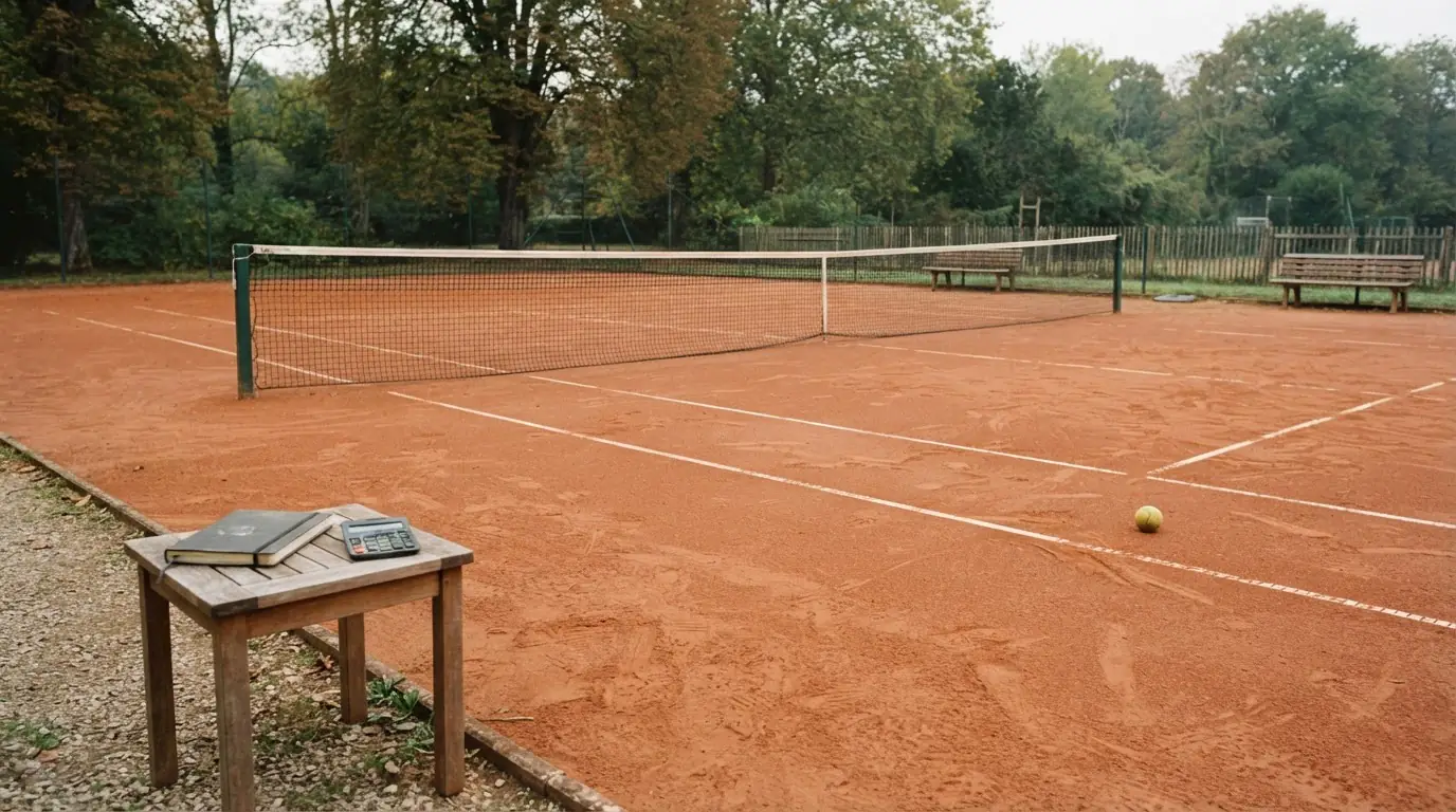 Pusty kort ziemny z jedną piłką przy linii końcowej