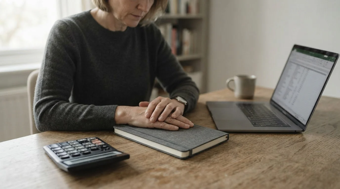 Kalkulator i zamknięty notes obok laptopa z tabelą