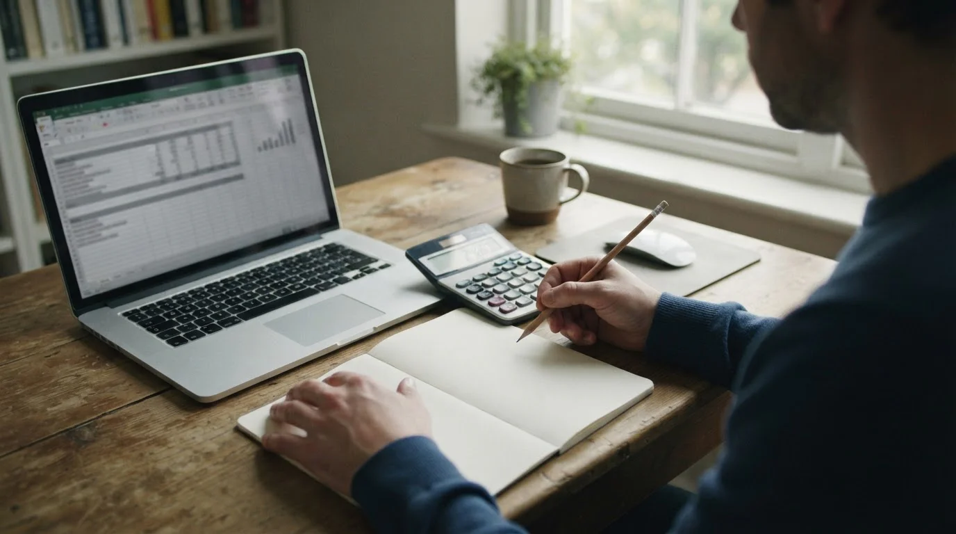 Dłoń z ołówkiem nad notesem obok kalkulatora i laptopa z tabelą