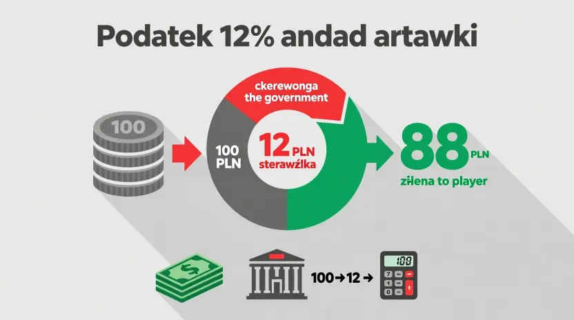 Infografika pokazująca mechanizm podatku 12% od stawki bukmacherskiej w Polsce
