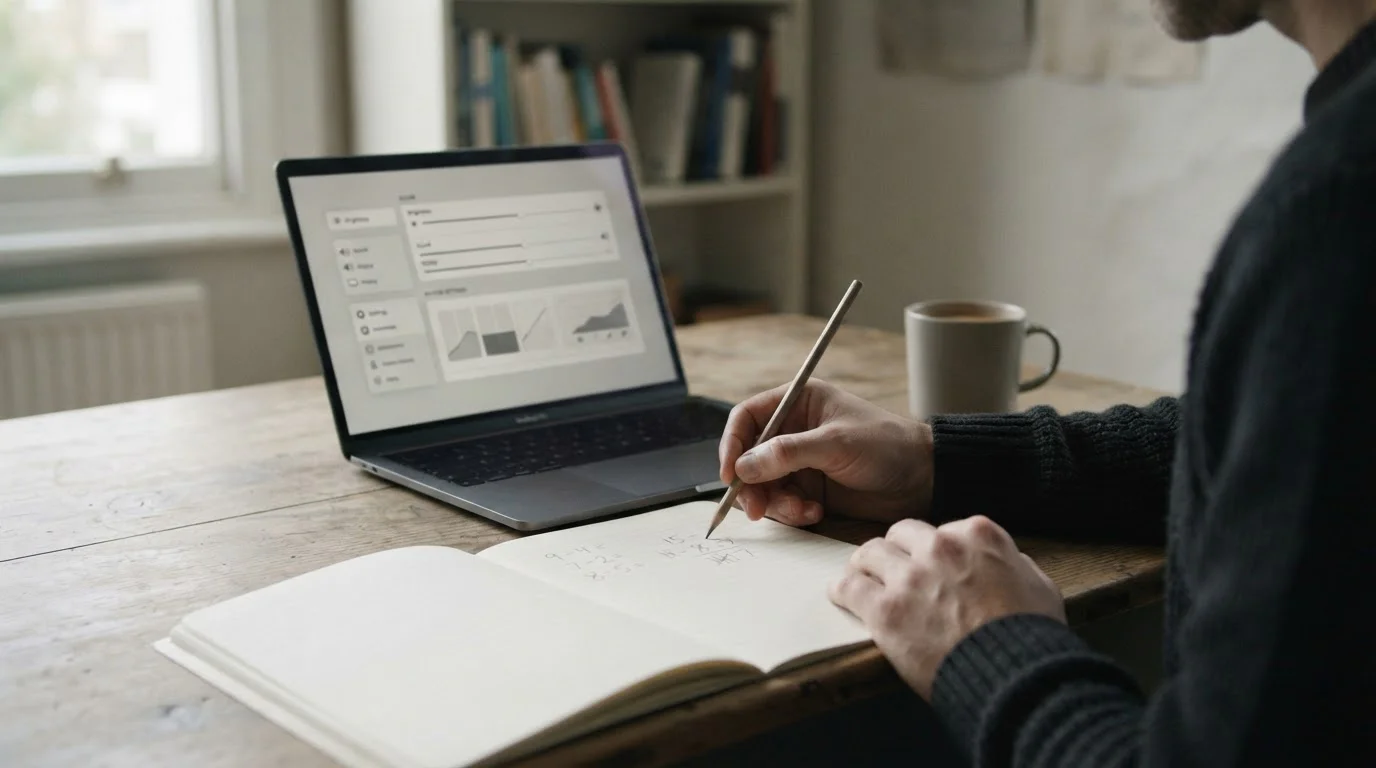 Ręka z ołówkiem nad notesem z prostym schematem odejmowania, obok laptop z ustawieniami limitów