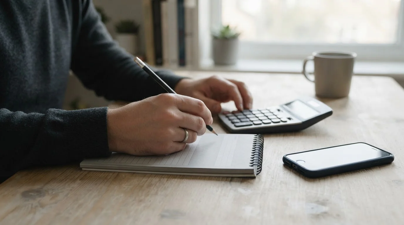 Kalkulator i notatnik z rozpiską obok smartfona na biurku