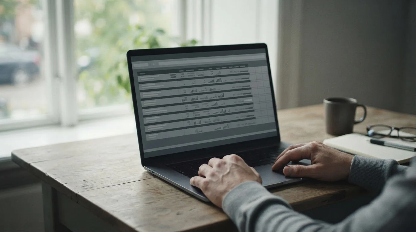 Dłonie porównujące anonimową tabelę na ekranie laptopa