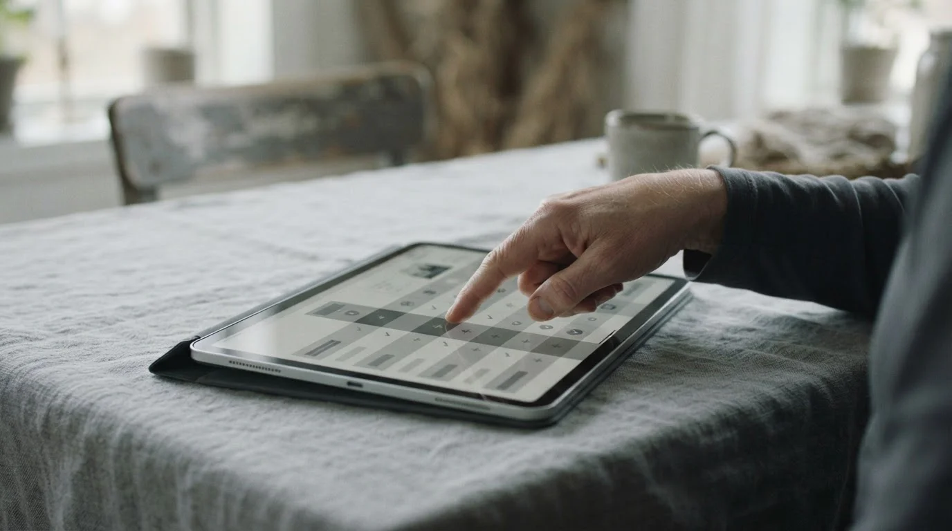 Dłoń wskazuje kolumnę w tabeli porównawczej na tablecie