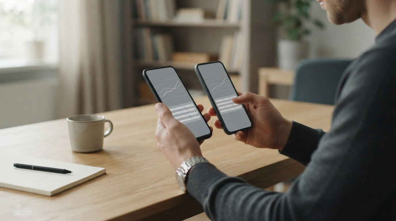 Dwa smartfony z tabelami porównania ofert bukmacherów