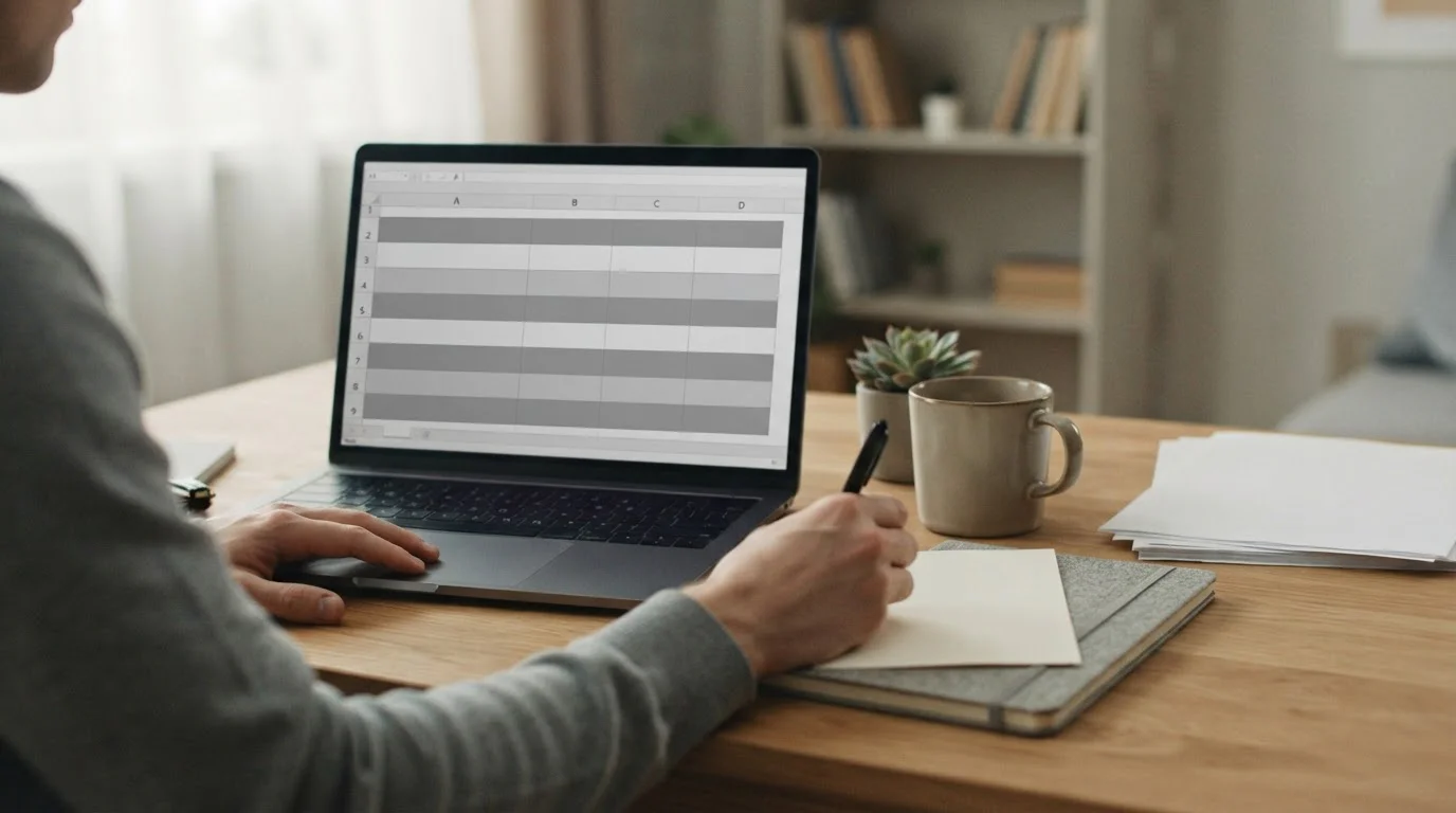 Laptop z neutralną tabelą sześciu pozycji, z których wyróżniono dwie