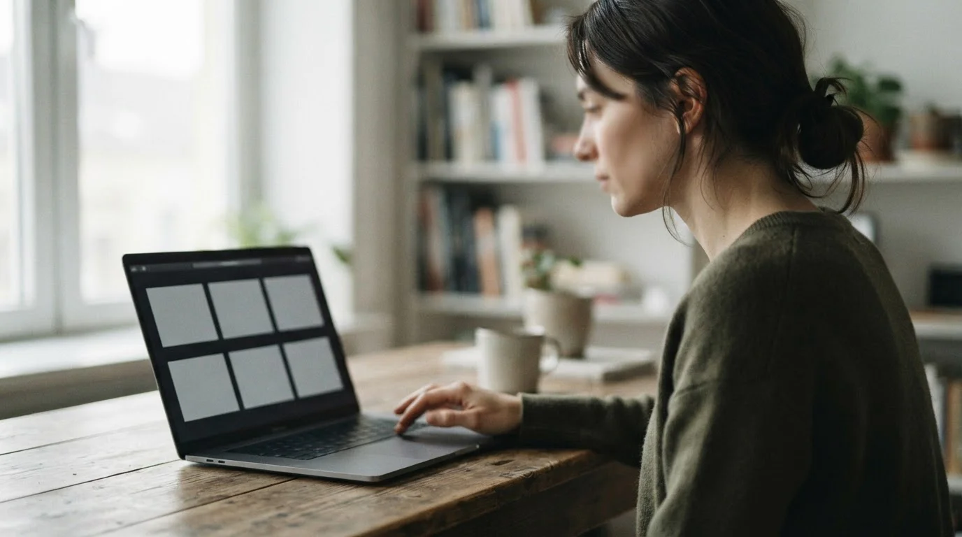 Osoba z profilu porównuje na laptopie dziewięć szarych paneli