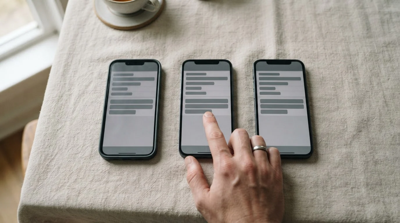 Trzy smartfony z neutralnymi interfejsami porównywane na stole