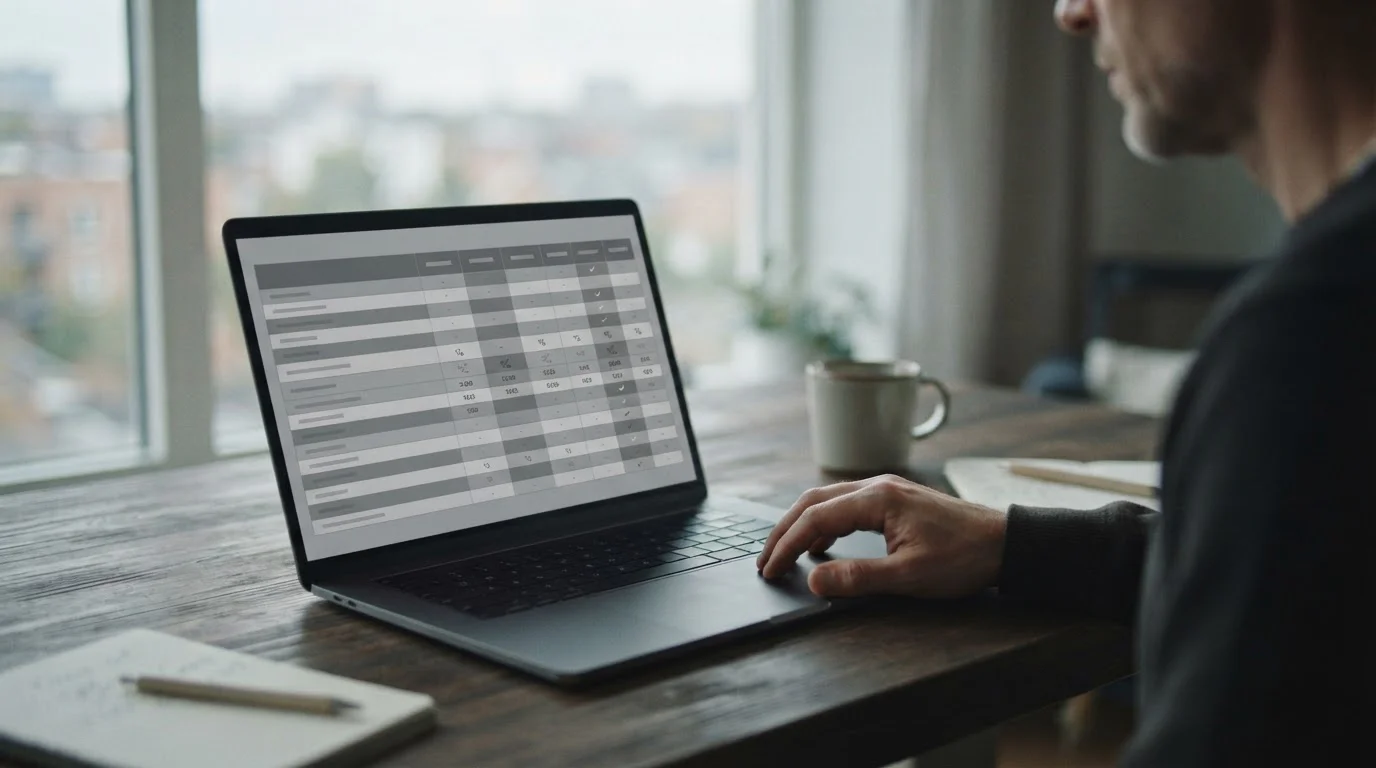 Laptop z tabelą porównawczą bez nazw na ekranie