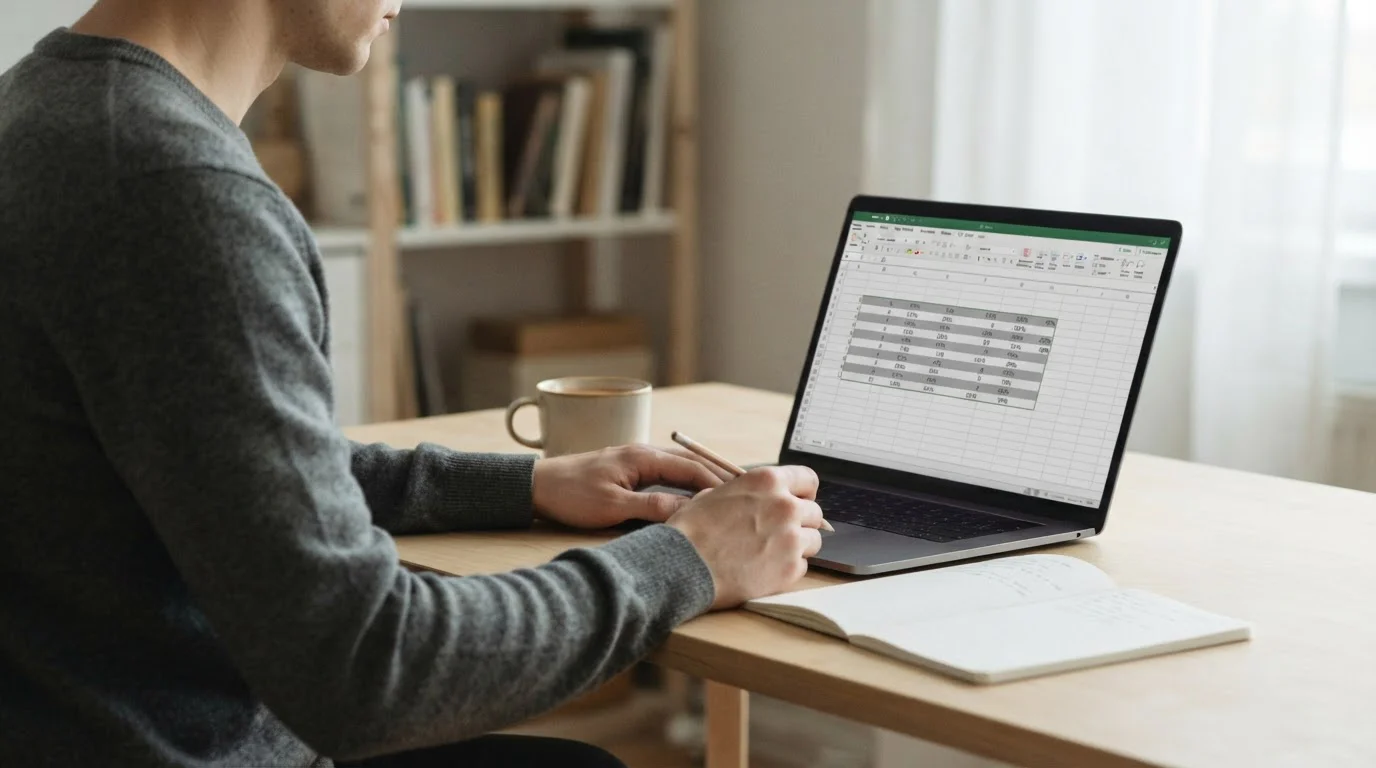 Laptop z tabelą ośmiu wierszy i dłoń z ołówkiem podczas porównania