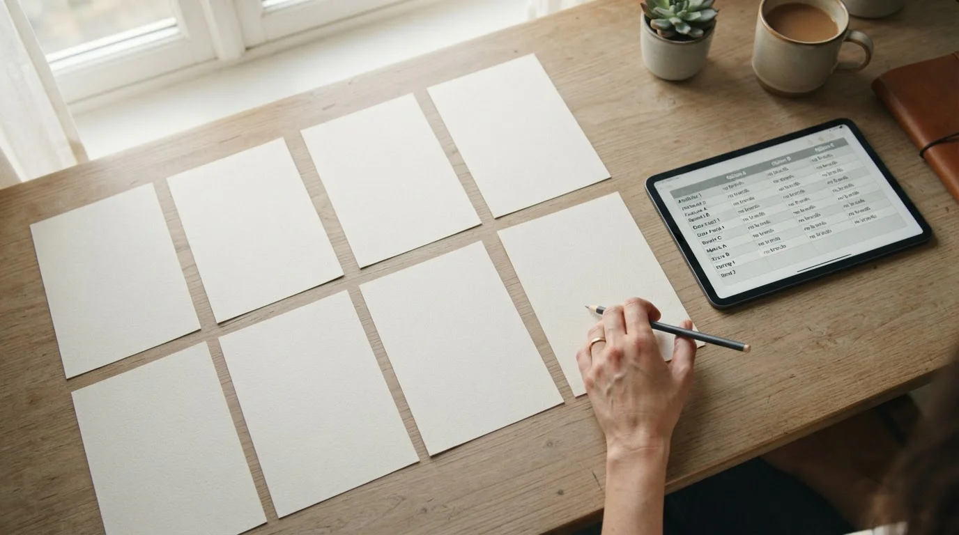 Tablet z anonimową tabelą porównawczą i kartki ułożone w dwóch rzędach