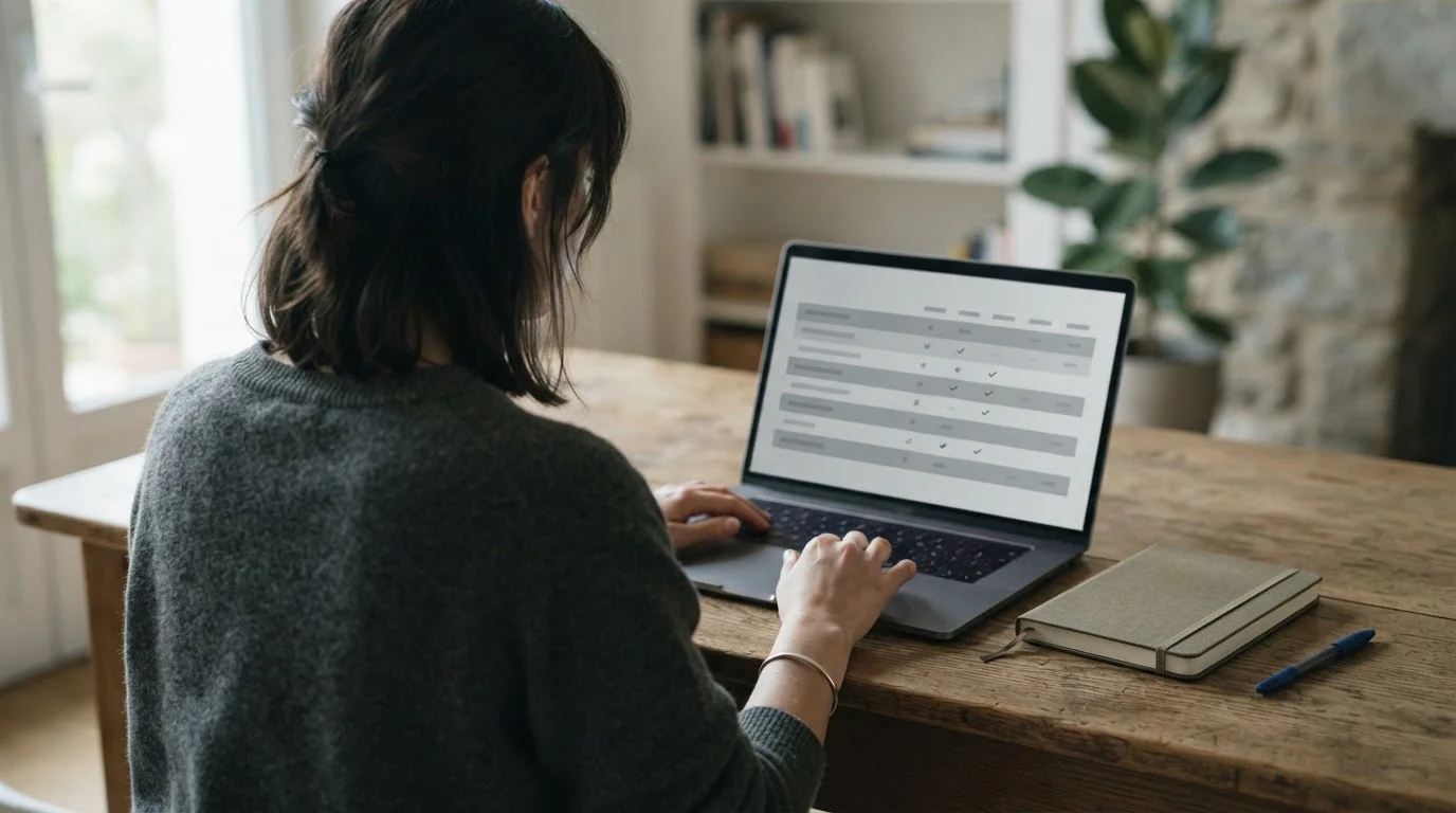 Laptop z tabelą porównawczą ośmiu pozycji, widok zza pleców