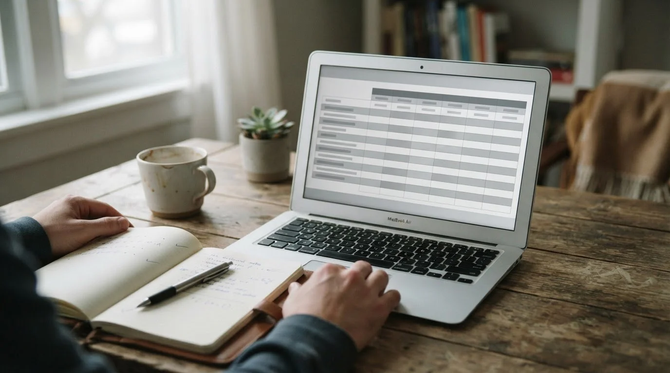 Laptop z anonimową tabelą porównawczą i notes z odręcznymi notatkami
