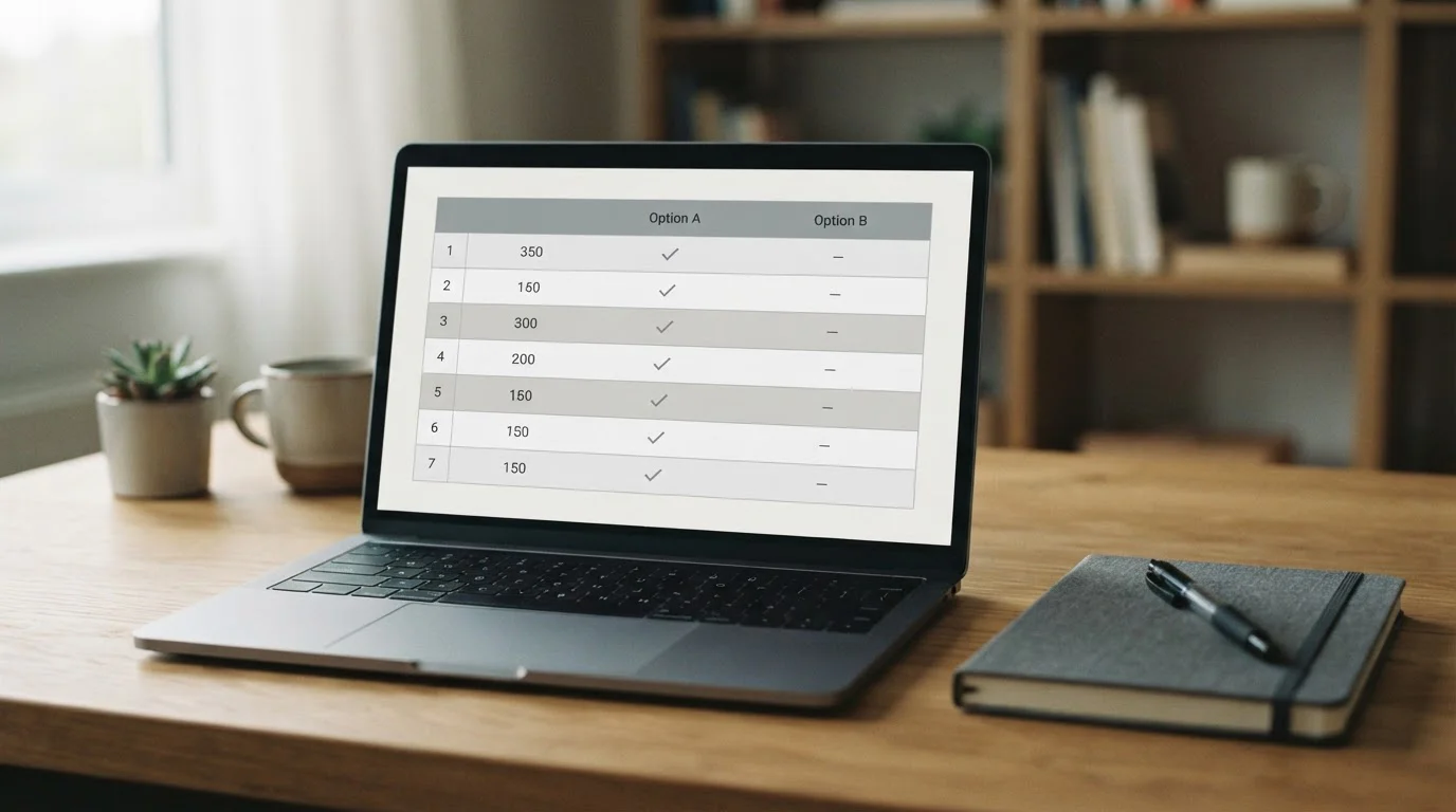 Laptop z neutralną tabelą porównawczą siedmiu operatorów, dwa wiersze wyróżnione