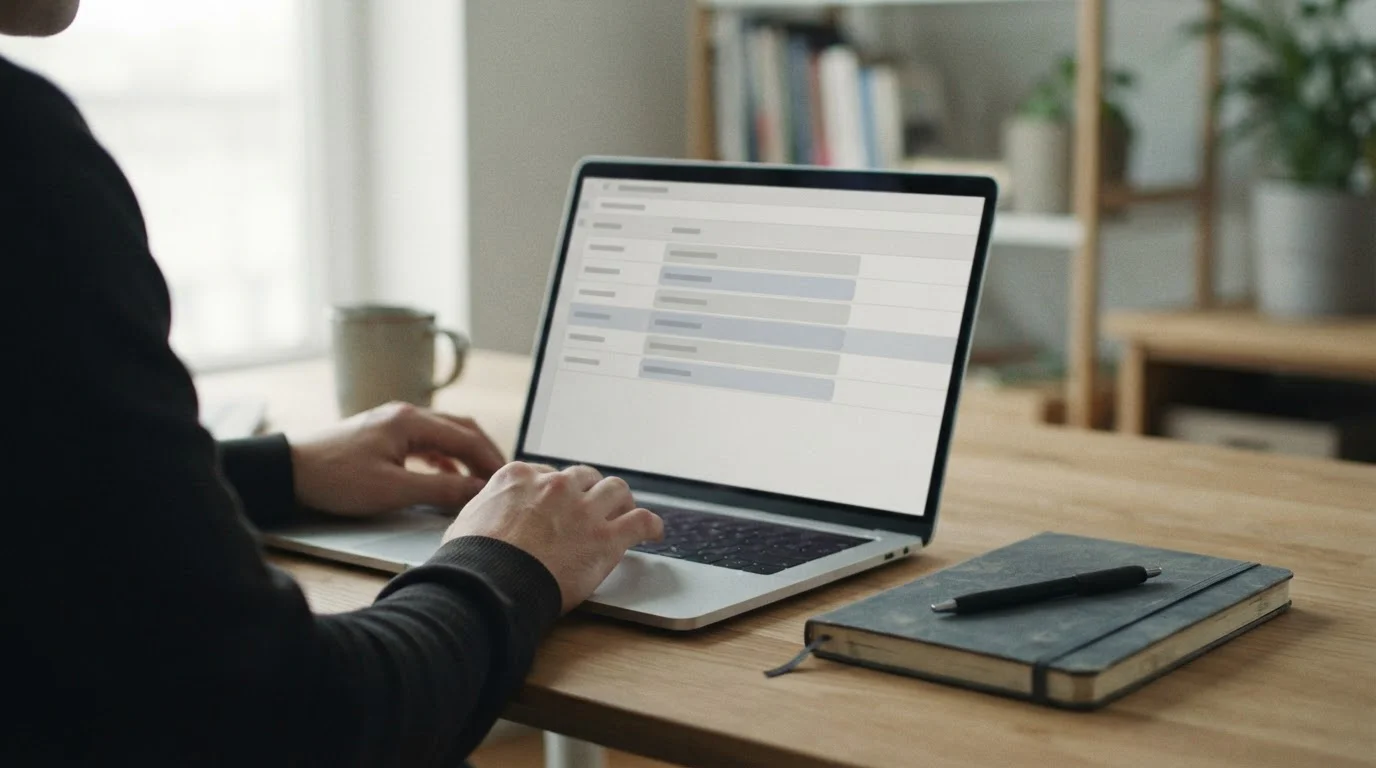 Laptop z siedmioma neutralnymi wierszami tabeli, z których trzy są wyróżnione