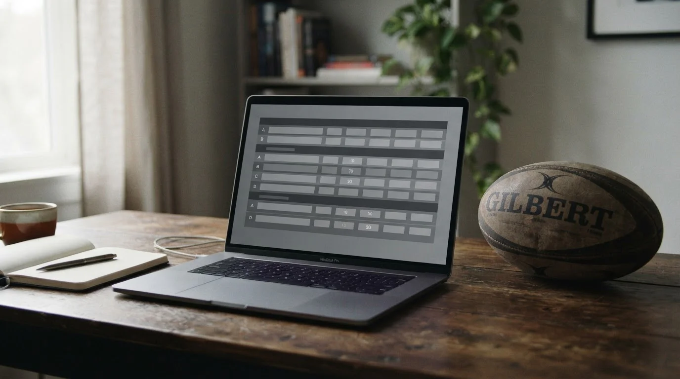 Laptop z neutralną tabelą porównawczą i piłka do rugby na biurku