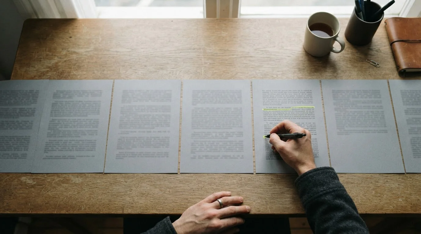 Siedem kartek z warunkami ofert ułożonych w rzędzie na biurku