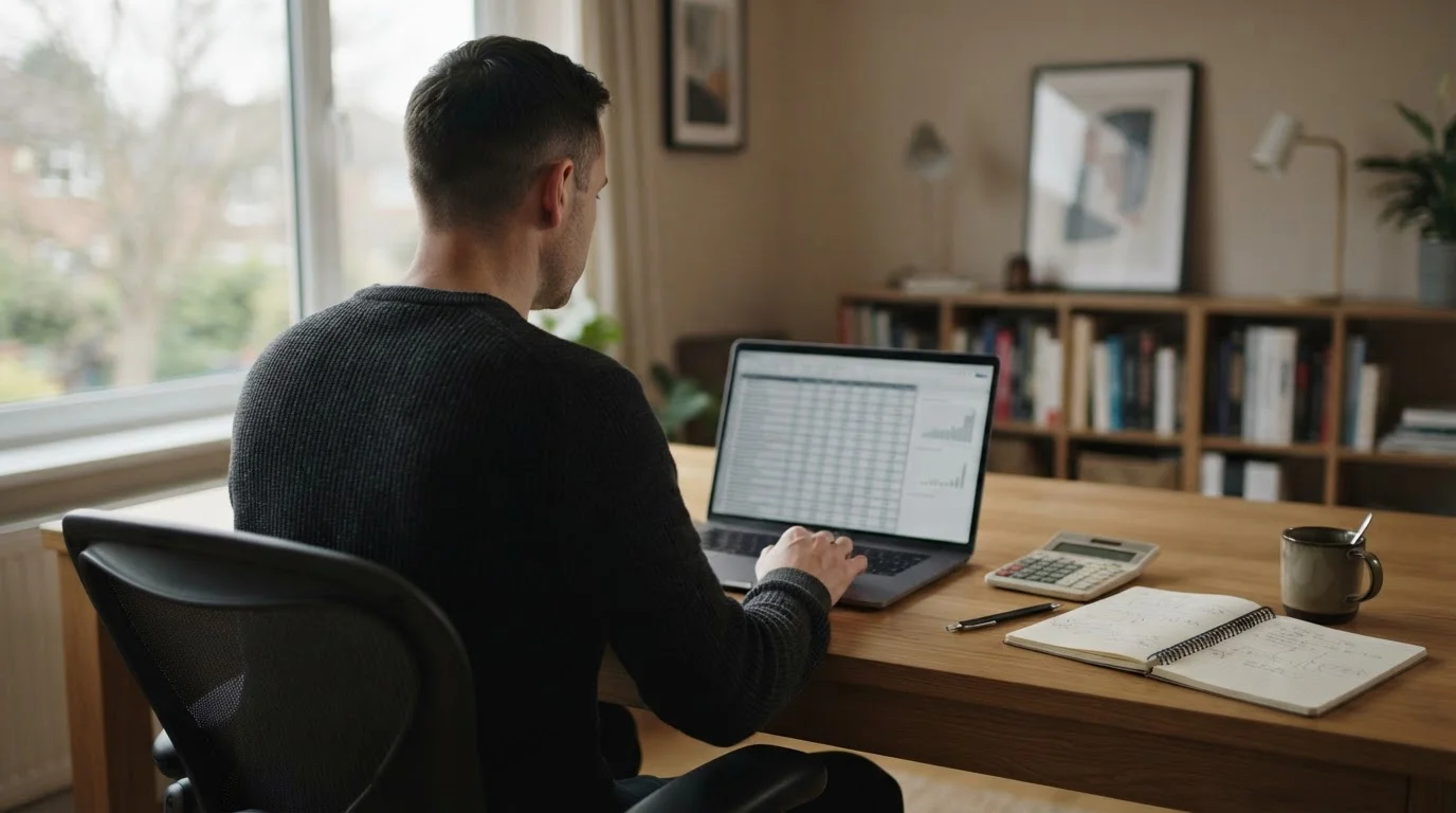 Analityk przy biurku przegląda tabelę wyników typów na laptopie