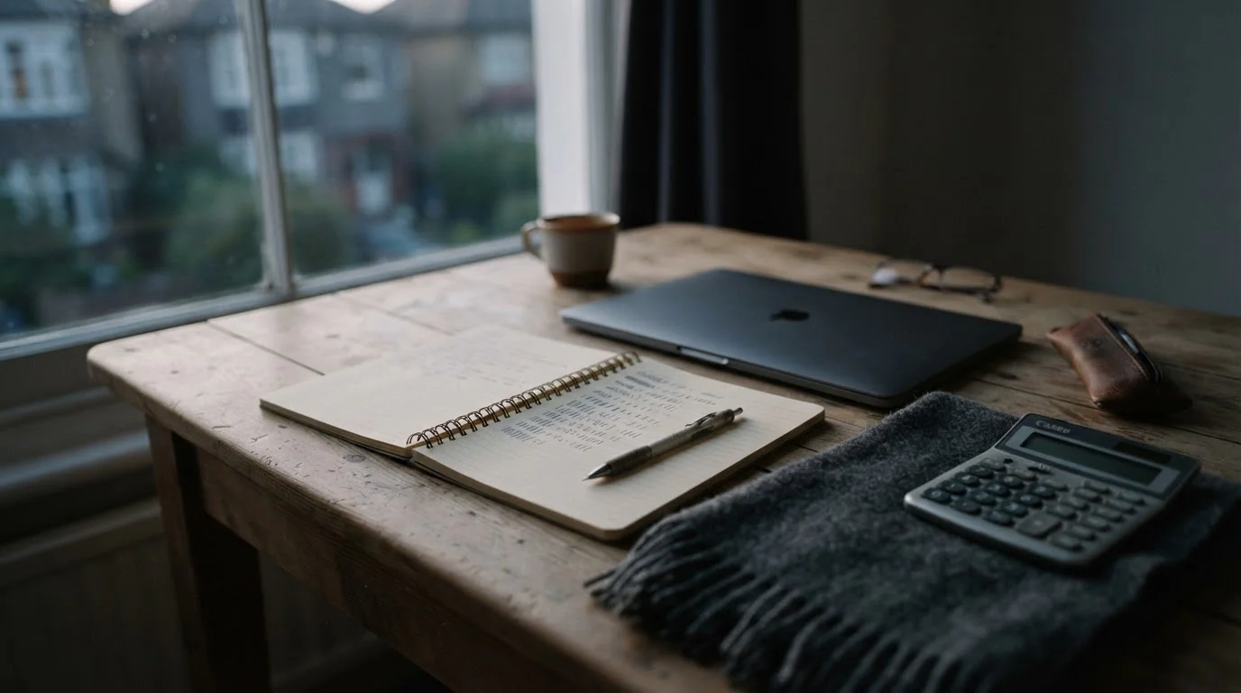 Zamknięty laptop, kalkulator i notatnik z kolumną zapisków