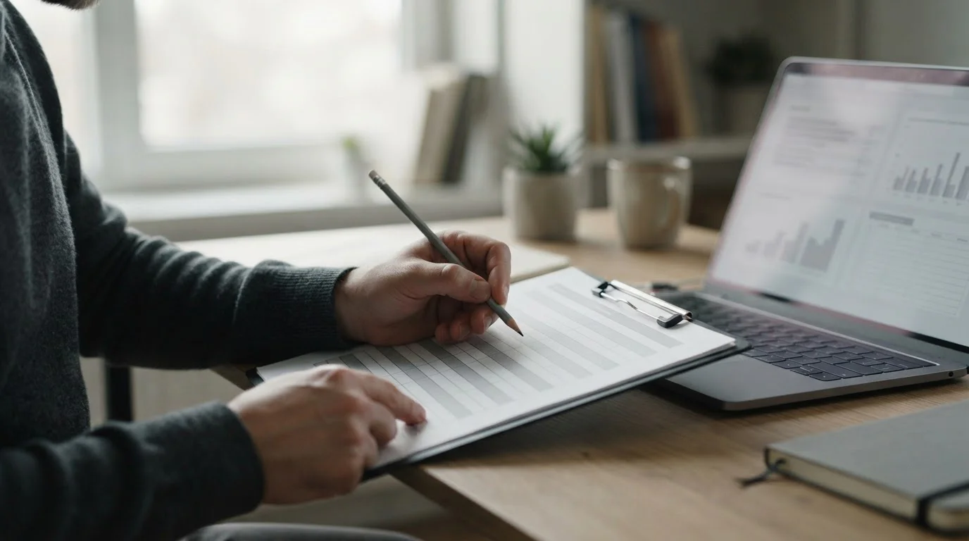 Dłonie z ołówkiem nad tabelą porównawczą obok laptopa