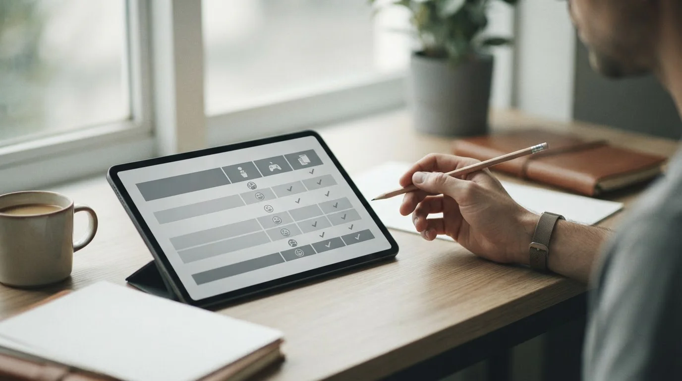 Tablet z tabelą porównawczą i ołówek na biurku