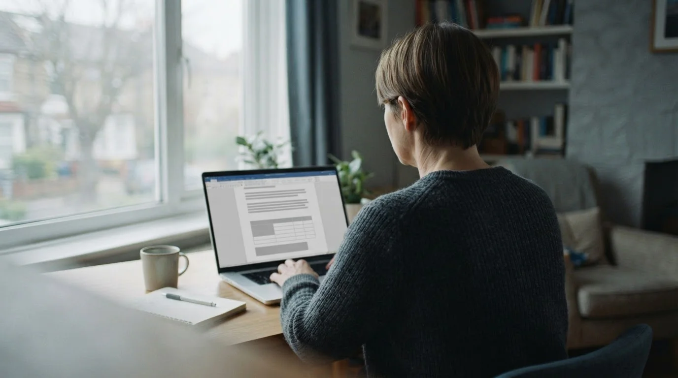 Osoba widziana od tyłu czyta regulamin na ekranie laptopa