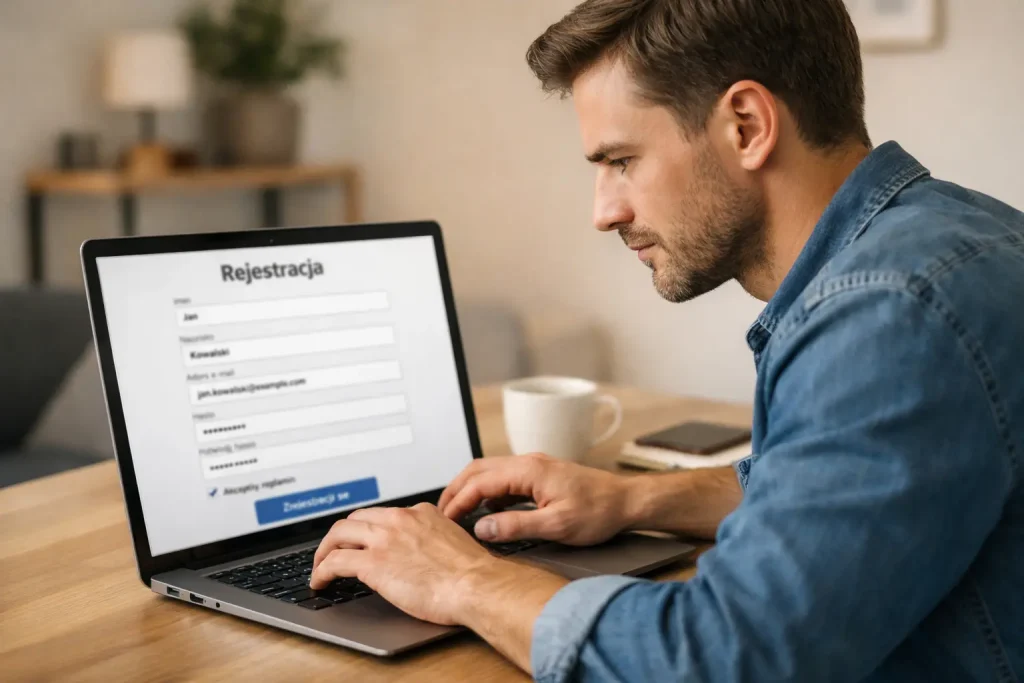 Osoba wypełniająca formularz rejestracyjny na laptopie