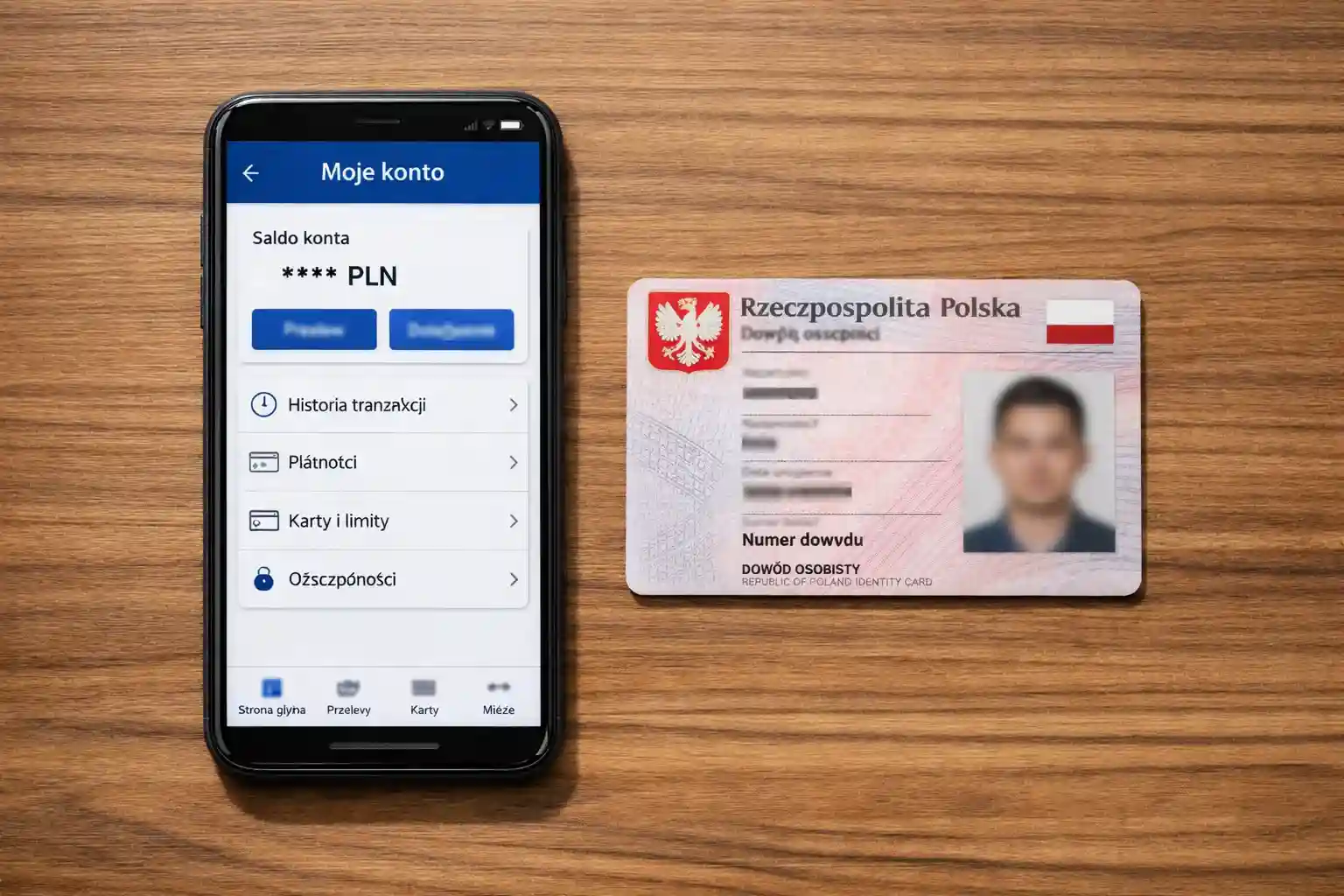 Smartfon z aplikacją bankową i dowód osobisty na biurku