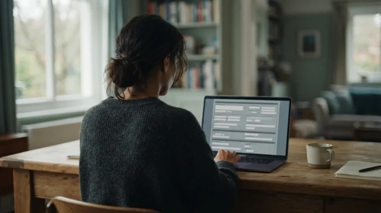 Osoba przy biurku wypełnia formularz rejestracyjny na laptopie