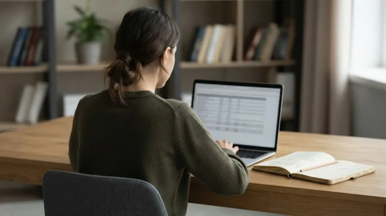 Osoba przy biurku analizuje tabelę porównawczą na laptopie