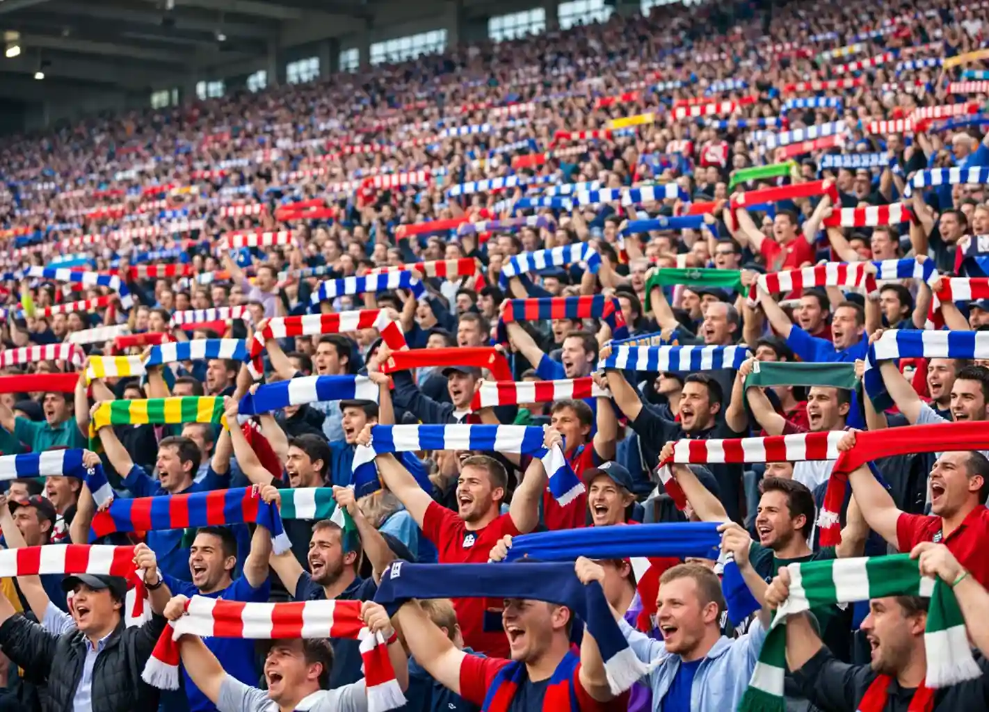Widok trybun stadionu piłkarskiego z kibicami trzymającymi szaliki
