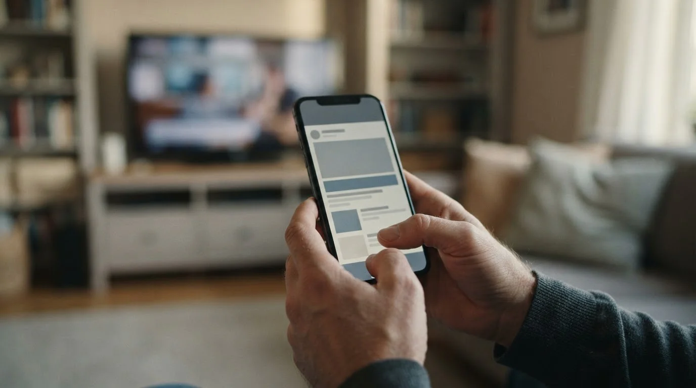 Dłonie trzymające smartfon z neutralnym interfejsem, w tle rozmyty telewizor
