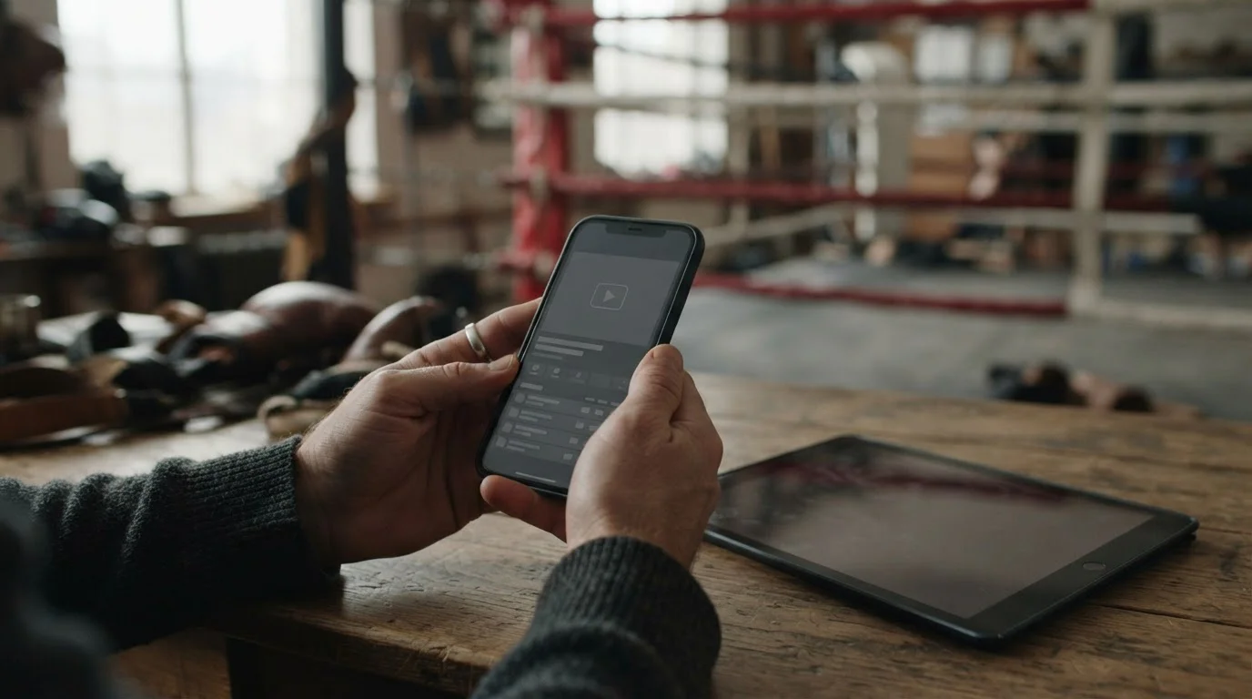 Dłonie trzymające smartfon z pustym oknem wideo