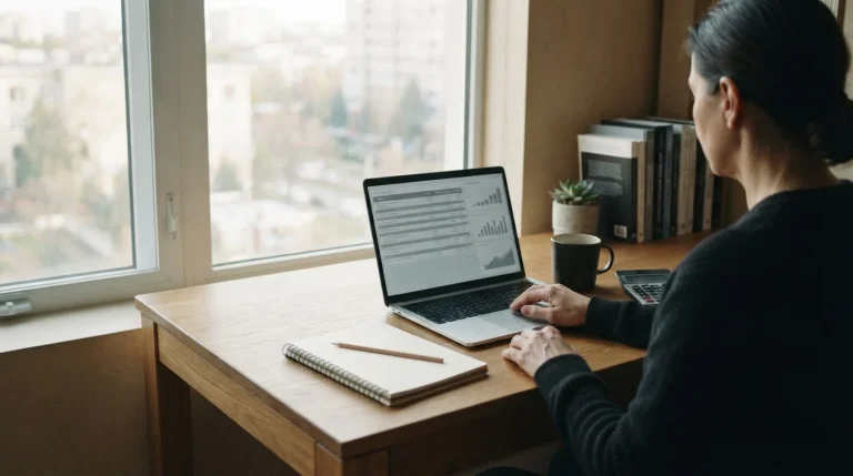Laptop, kalkulator i notes na biurku podczas analizy typów na jutro