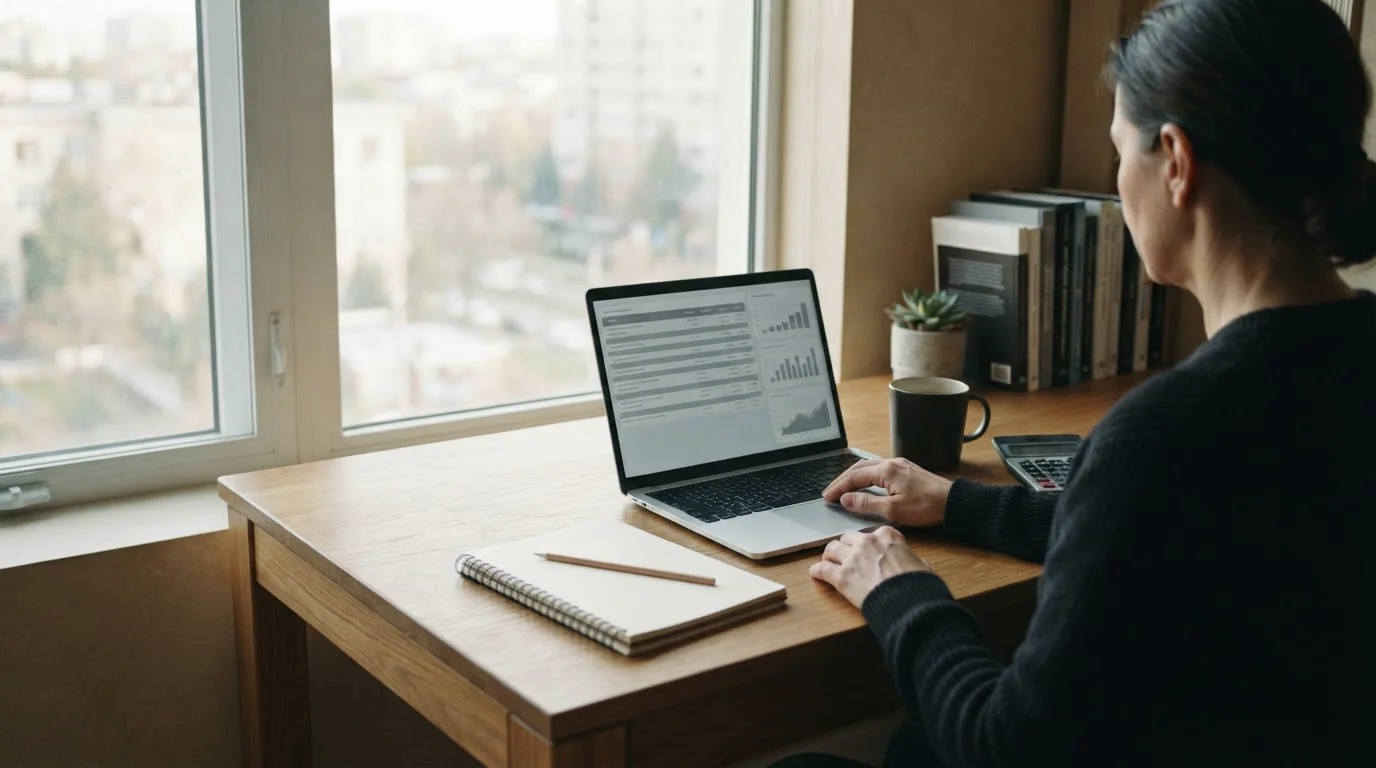 Laptop, kalkulator i notes na biurku podczas analizy typów na jutro