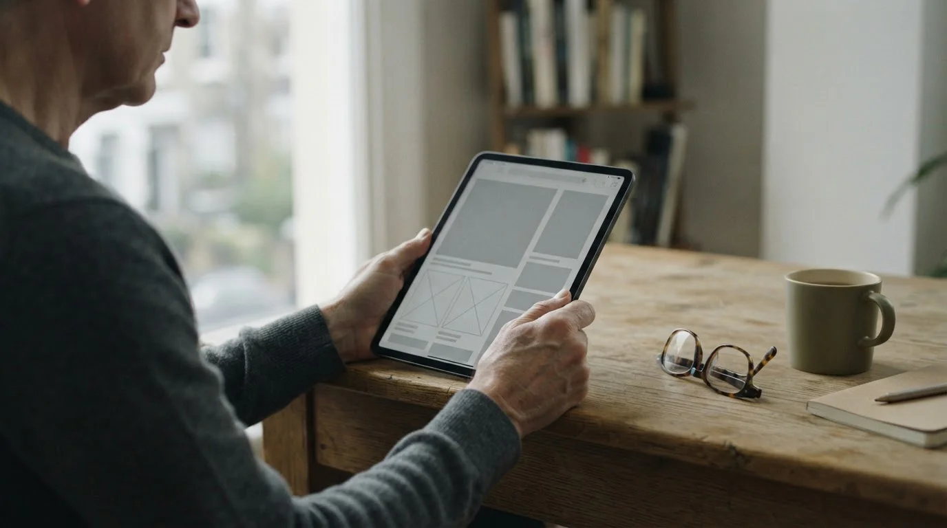 Dłonie trzymające tablet z tabelą warunków, obok okulary do czytania