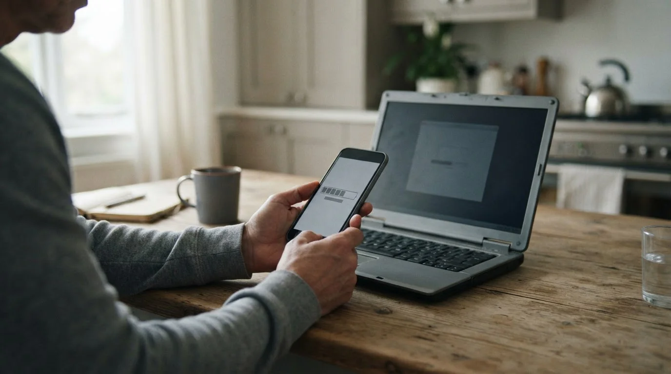 Dłonie ze smartfonem obok laptopa z paskiem postępu weryfikacji