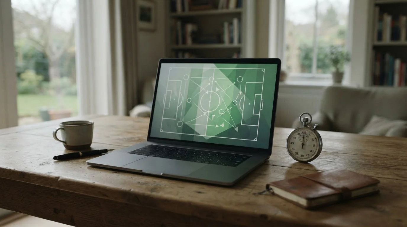Laptop z komputerową symulacją boiska i analogowy stoper na biurku