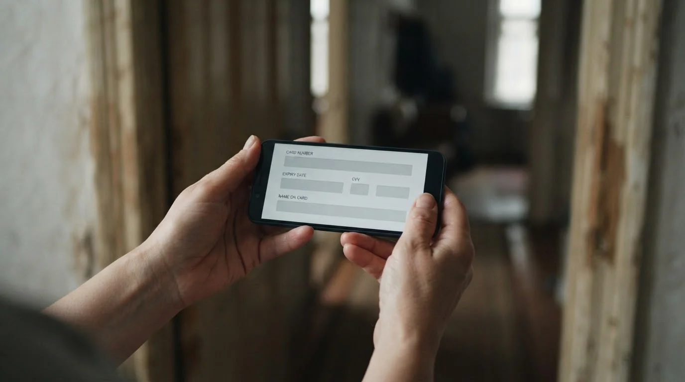 Dłonie trzymające telefon z pustym formularzem płatności