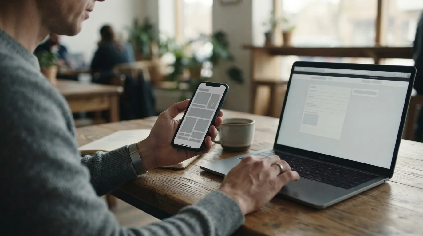 Dłonie trzymające smartfon obok laptopa z pustym formularzem