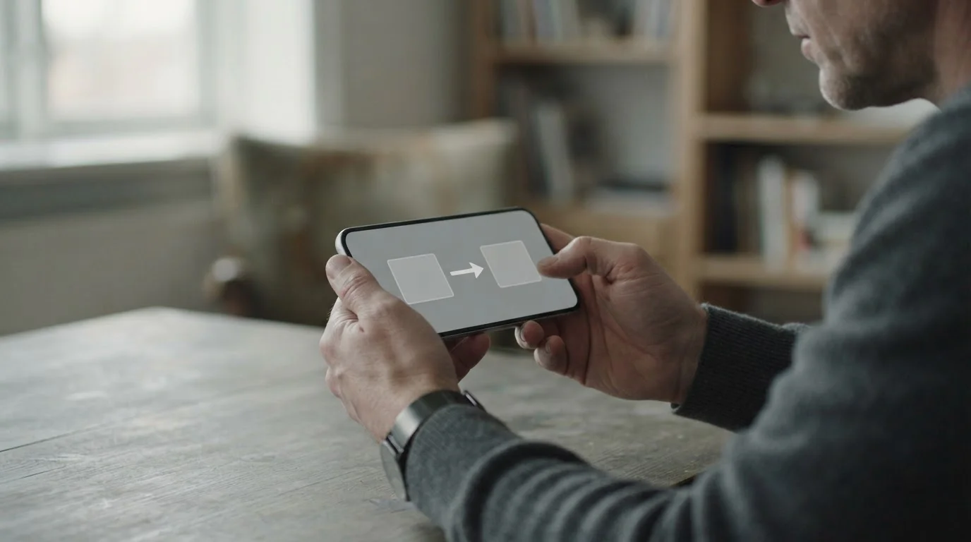 Dłonie trzymające smartfon z neutralnym schematem przepływu środków