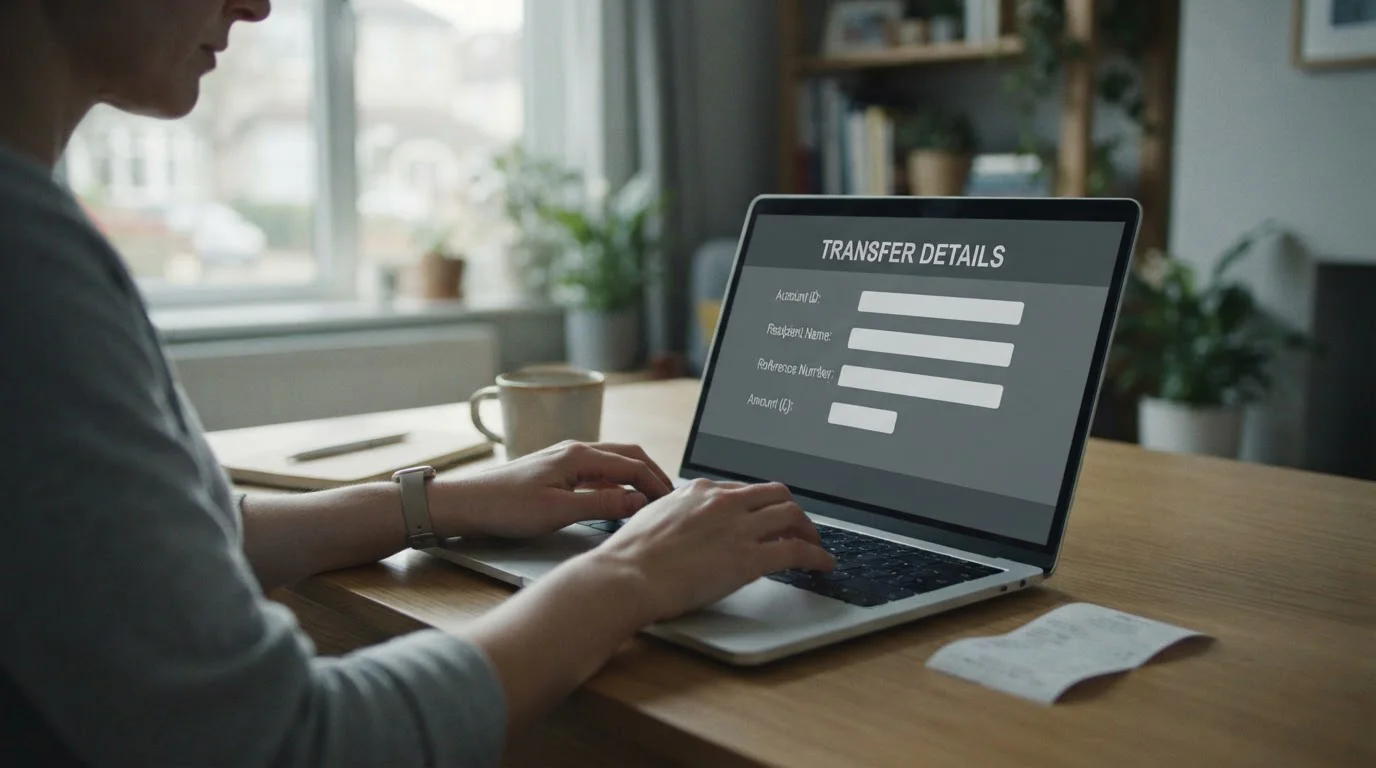 Dłonie wypełniające formularz przelewu na laptopie