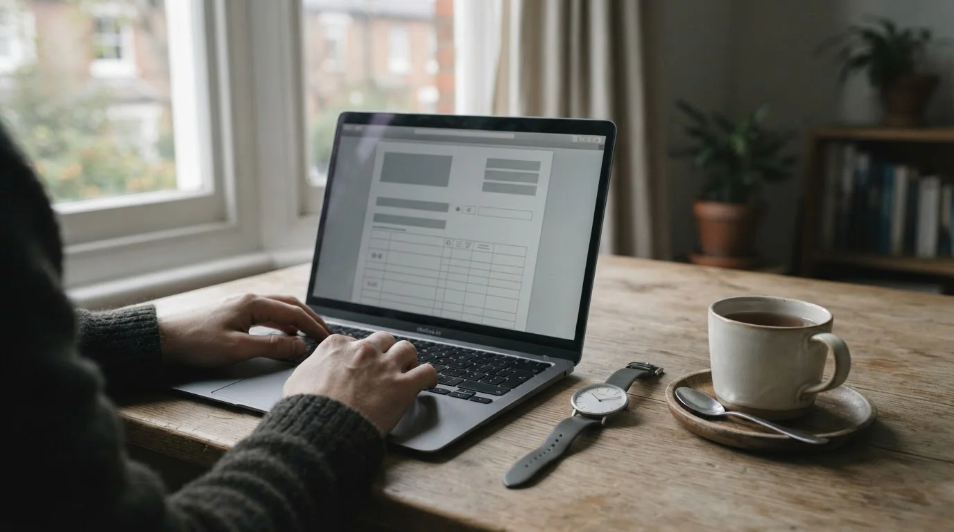 Laptop z formularzem przelewu i zegarek na biurku