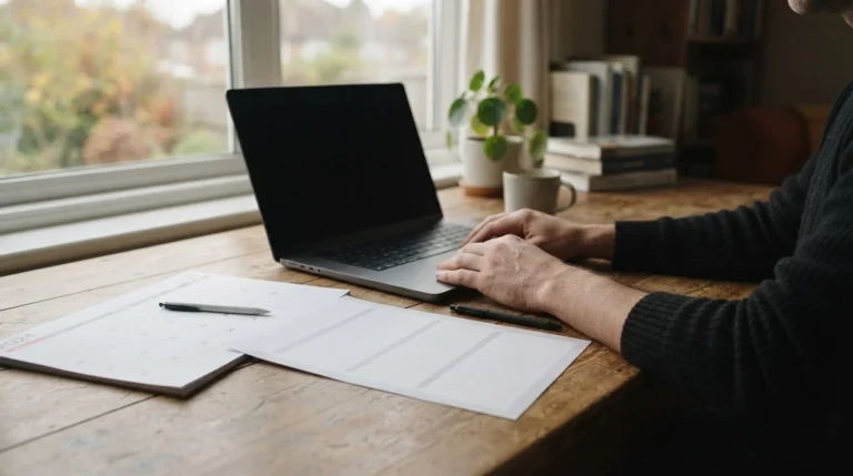 Dłonie przy laptopie z pustym formularzem przelewu na biurku
