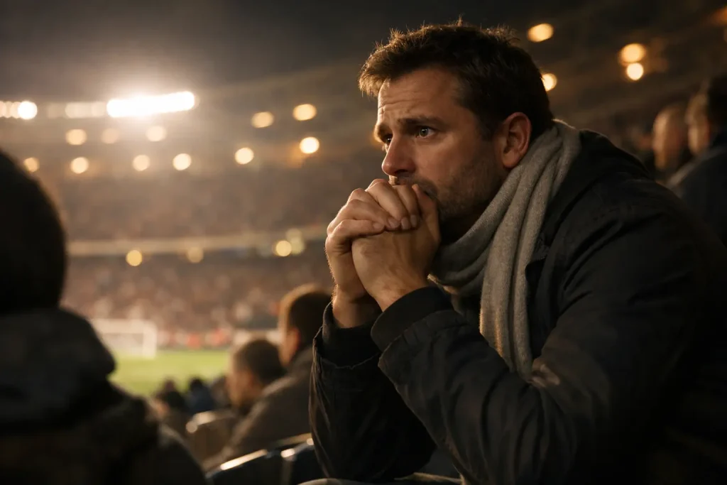 Kibic oglądający mecz piłkarski na stadionie