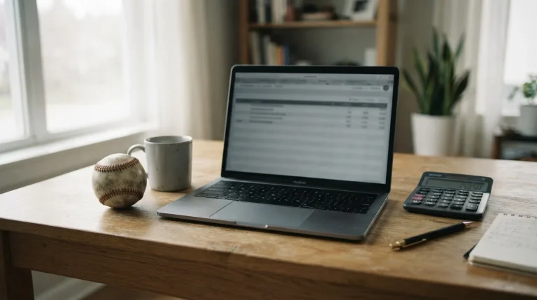 Piłka baseballowa obok laptopa z tabelą i kalkulatora na biurku