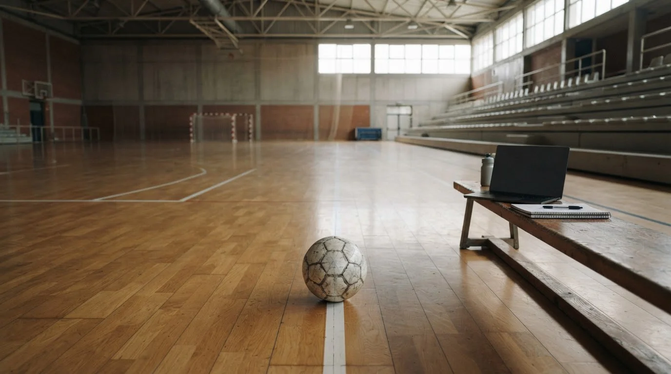 Piłka do futsalu na linii parkietu w pustej hali sportowej